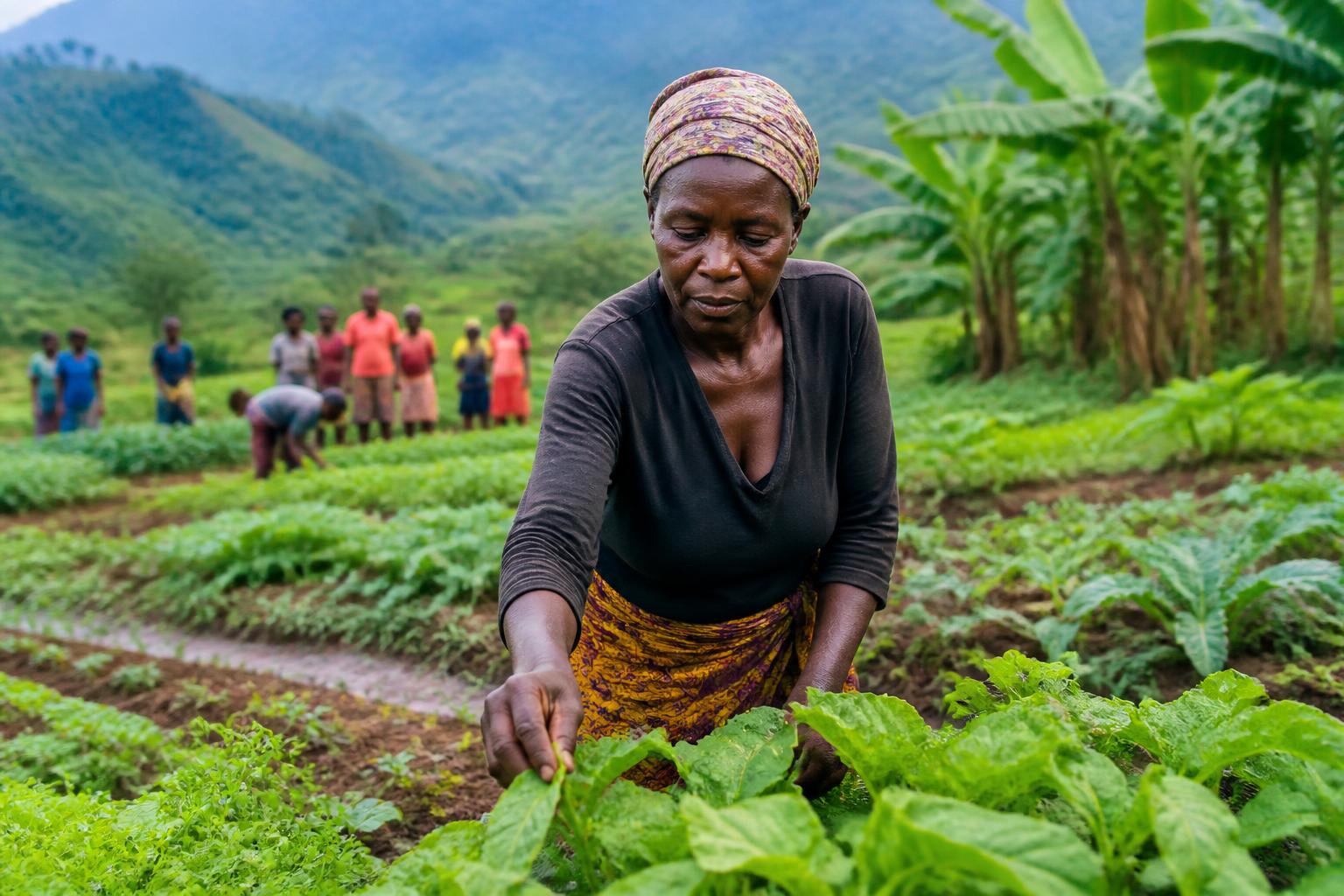 A Tanzanian farmer examining crops in a climate-smart field