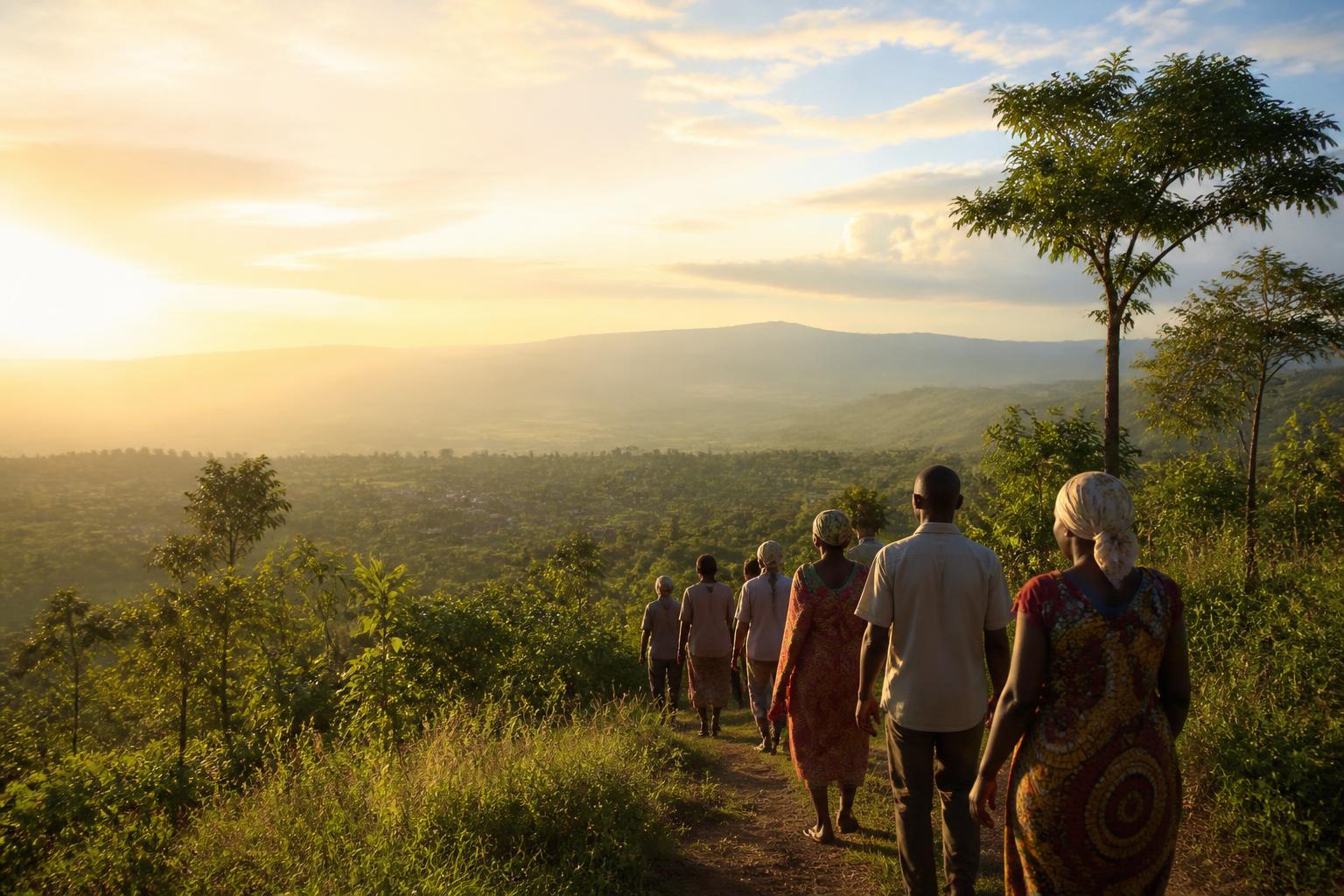 Community members walking toward a restored Tanzanian landscape at sunrise
