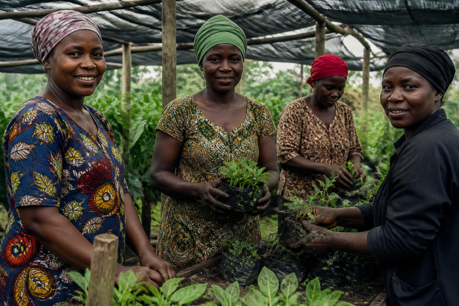 Tanzanian women collaborating in a community nursery